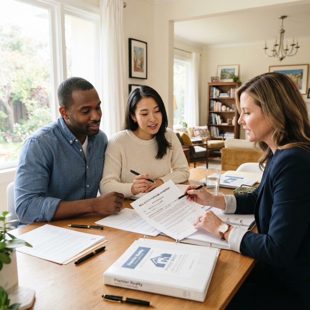 A diverse couple reviewing a real estate offer document with their agent at a dining table, discussing contingency-free terms