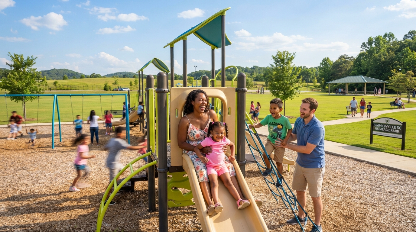 A diverse family with children playing at Simpsonville SC Heritage Park on a sunny day, playground and open green space