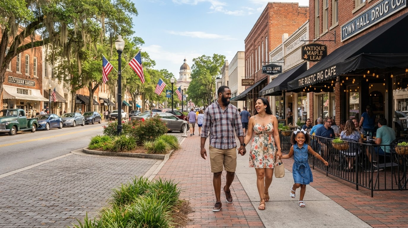 A diverse couple with a child exploring a charming Georgia small town main street with historic buildings, cafes, and local shops