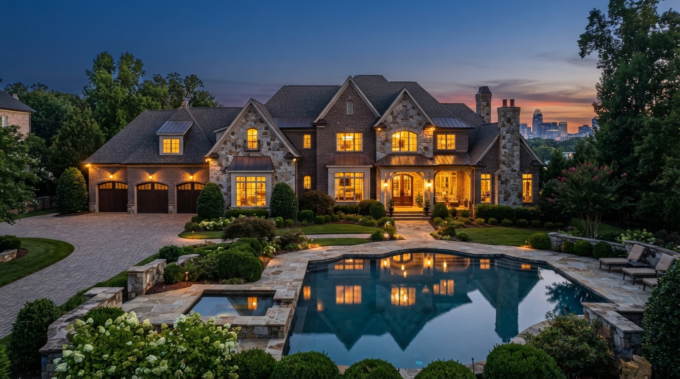 Luxury estate home exterior in Charlotte NC at twilight with elegant stone facade and warm lighting