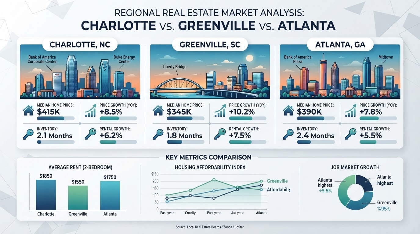 Charlotte NC, Greenville SC, and Atlanta GA skylines compared with real estate market data charts