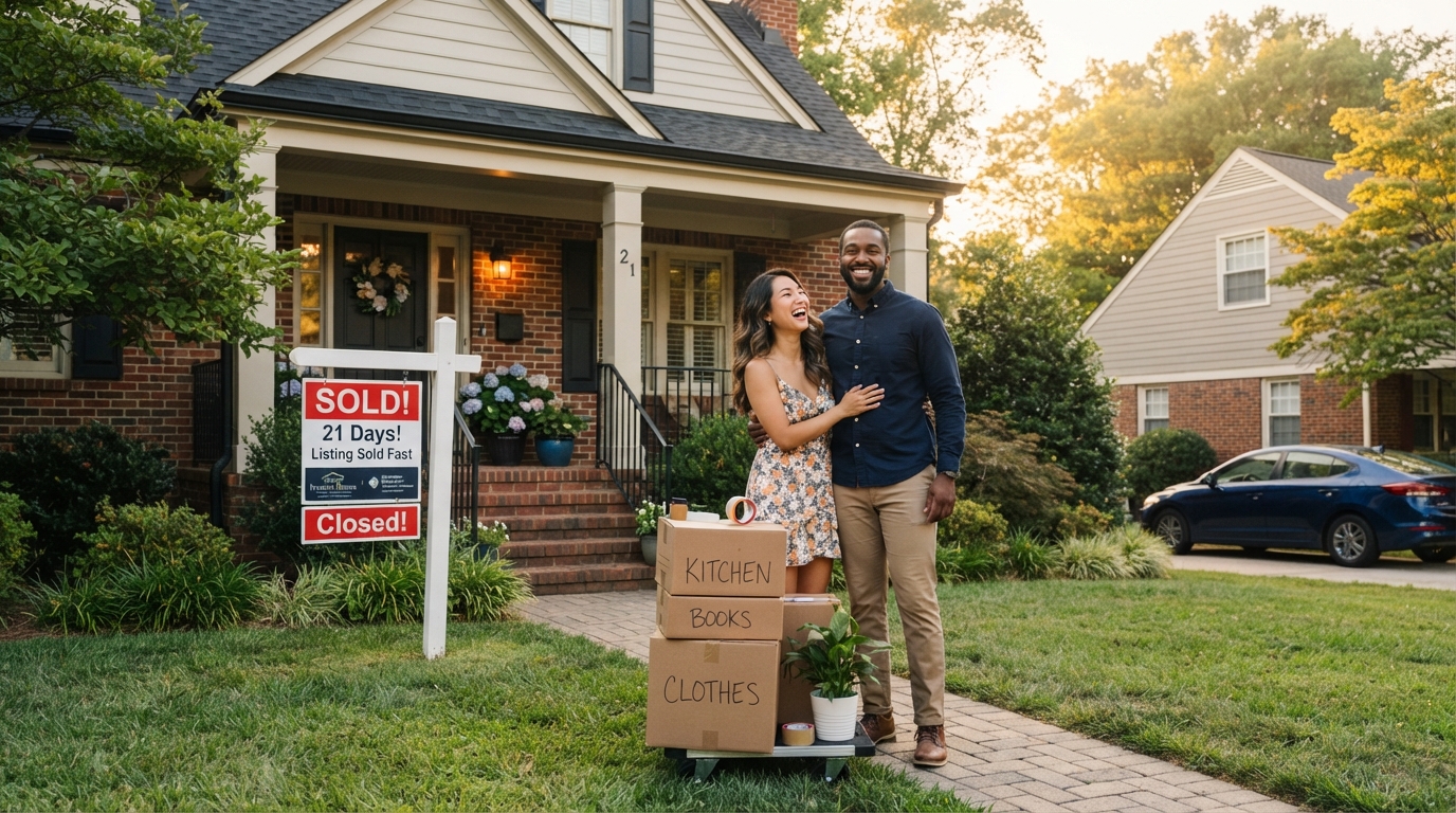A diverse family moving into their new Charlotte NC home with boxes and a sold sign