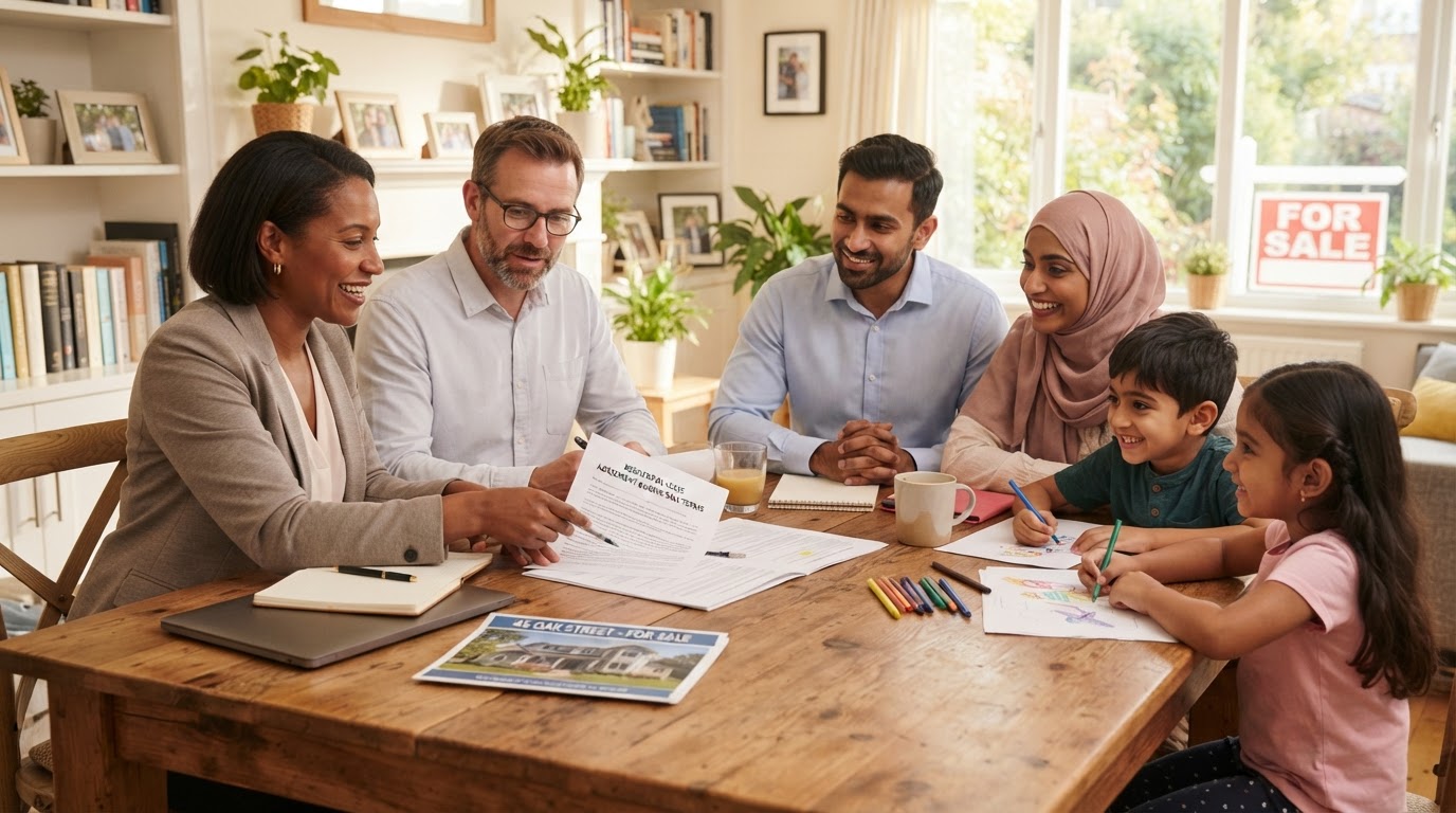 A diverse landlord couple sitting across a table with a tenant family discussing lease terms and home sale