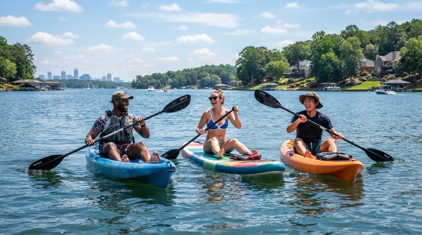 A diverse group of friends kayaking and paddleboarding on Lake Wylie near Charlotte NC