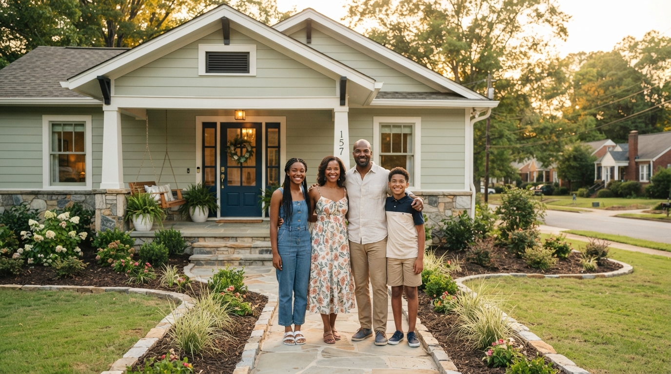 A Black family of four standing proudly in front of their freshly renovated Greenville SC home with a new front door and landscaped yard