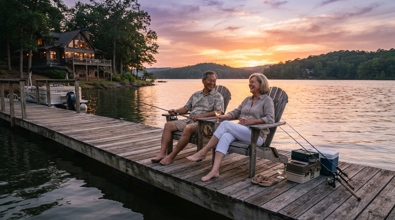 A diverse retired couple relaxing on a dock at a lake home in Lake Hartwell SC, peaceful sunset