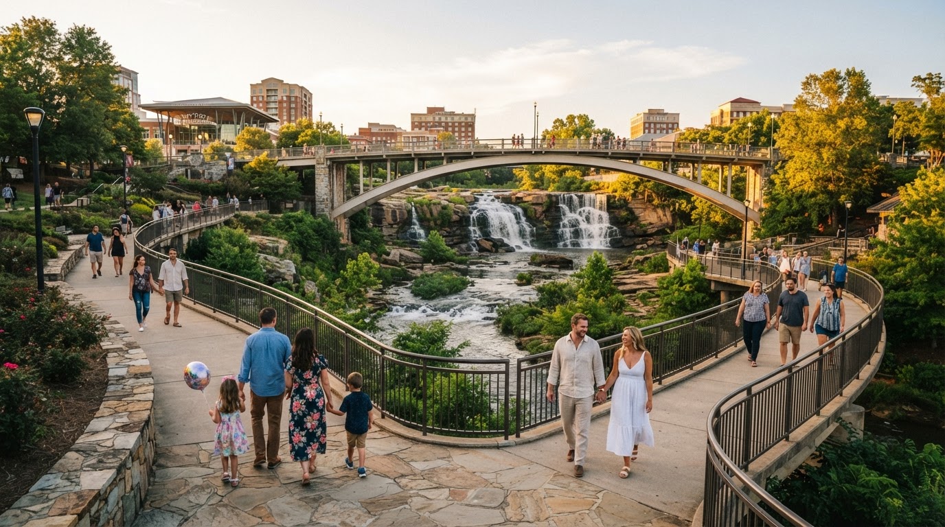 Families and couples strolling through Falls Park on the Reedy in downtown Greenville SC
