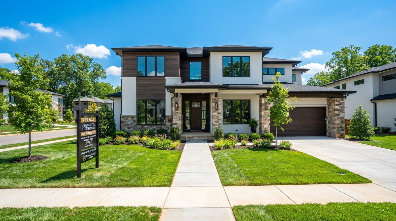 Brand new construction home in Charlotte NC with modern architecture and For Sale sign