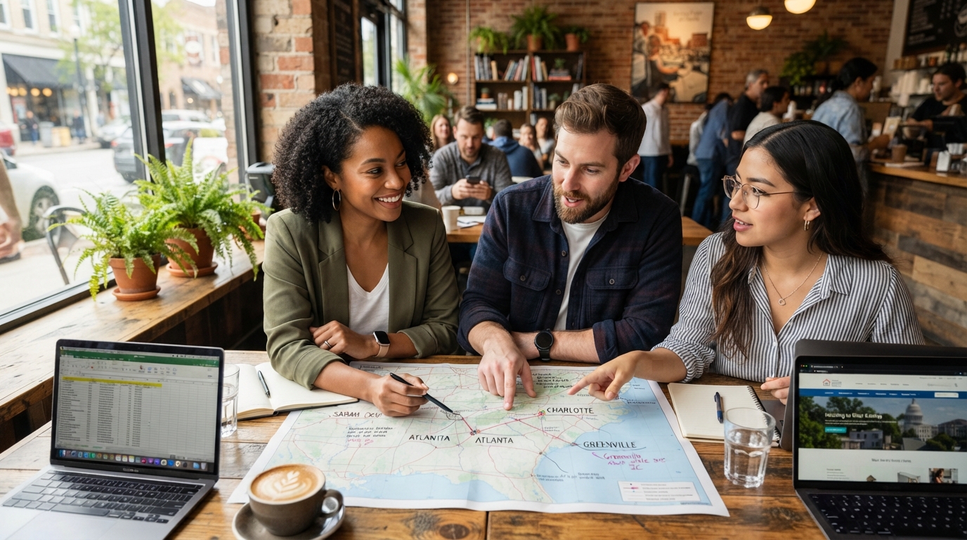 Three diverse professional friends looking at a map showing Charlotte, Atlanta, and Greenville, discussing where to relocate