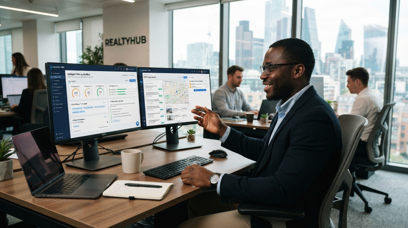 A diverse real estate professional reviewing AI-powered CRM smart follow-up automation on dual monitors in a modern office