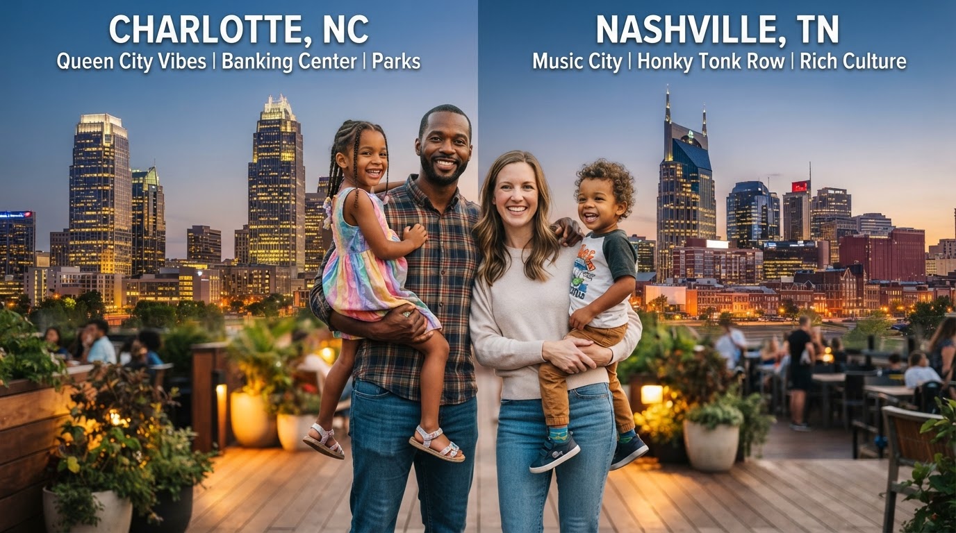 A diverse family of four with two young children standing between two city skyline backdrops comparing Charlotte and Nashville