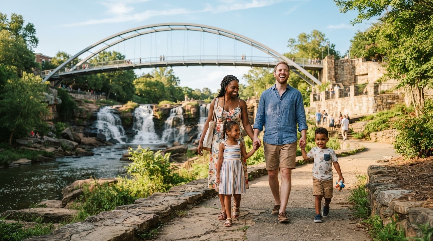 A diverse family with children exploring Falls Park on the Reedy in Greenville SC with Liberty Bridge visible behind them