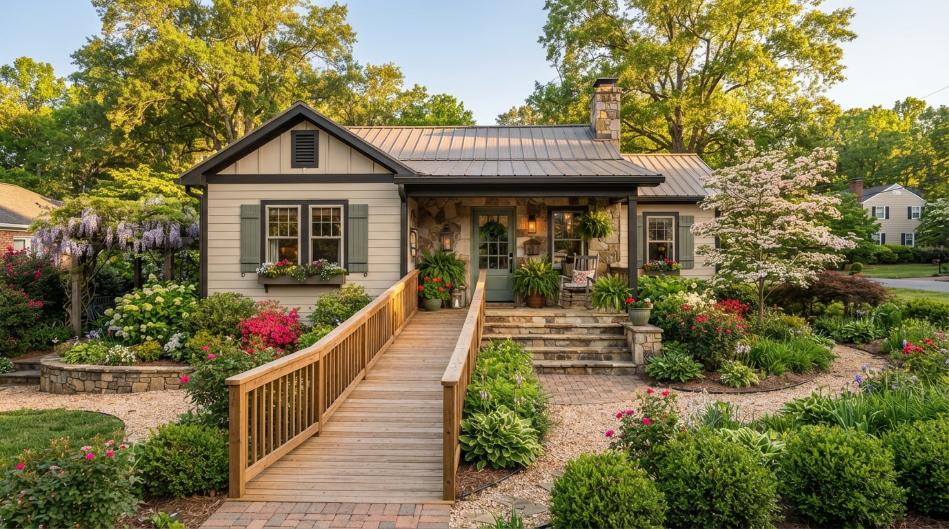 A warm, welcoming single-story Charlotte NC home with a gentle ramp and garden, representing senior-friendly housing