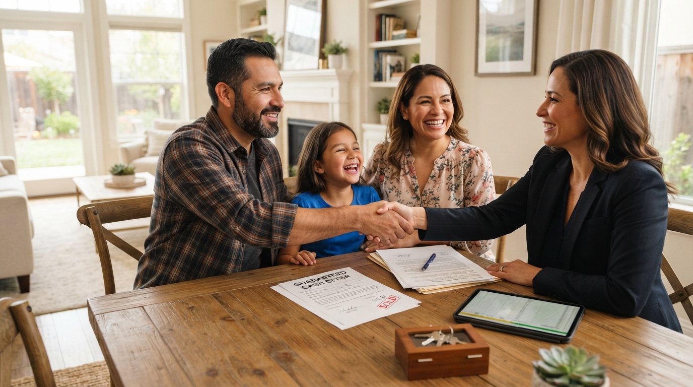 A diverse family shaking hands with a professional real estate advisor over a guaranteed cash offer contract on a dining table