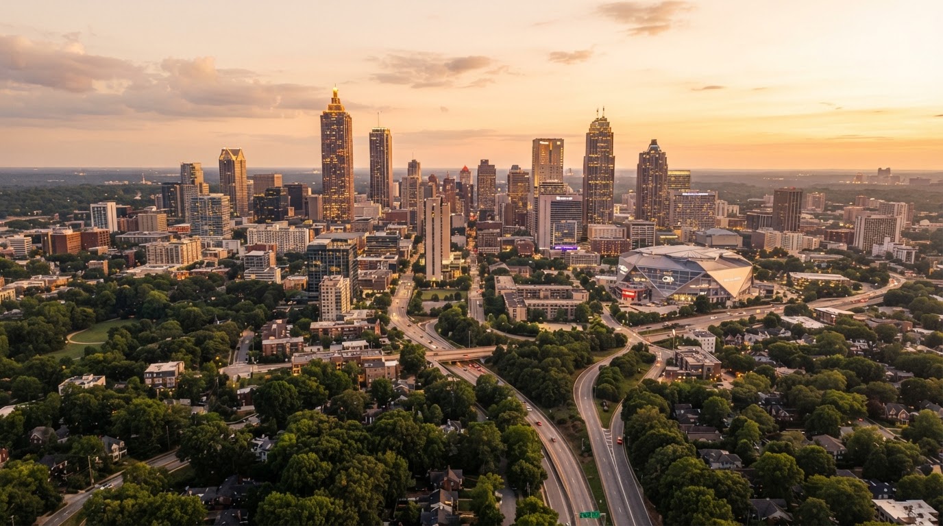 Aerial view of Atlanta Georgia skyline at golden hour with tree-lined neighborhoods