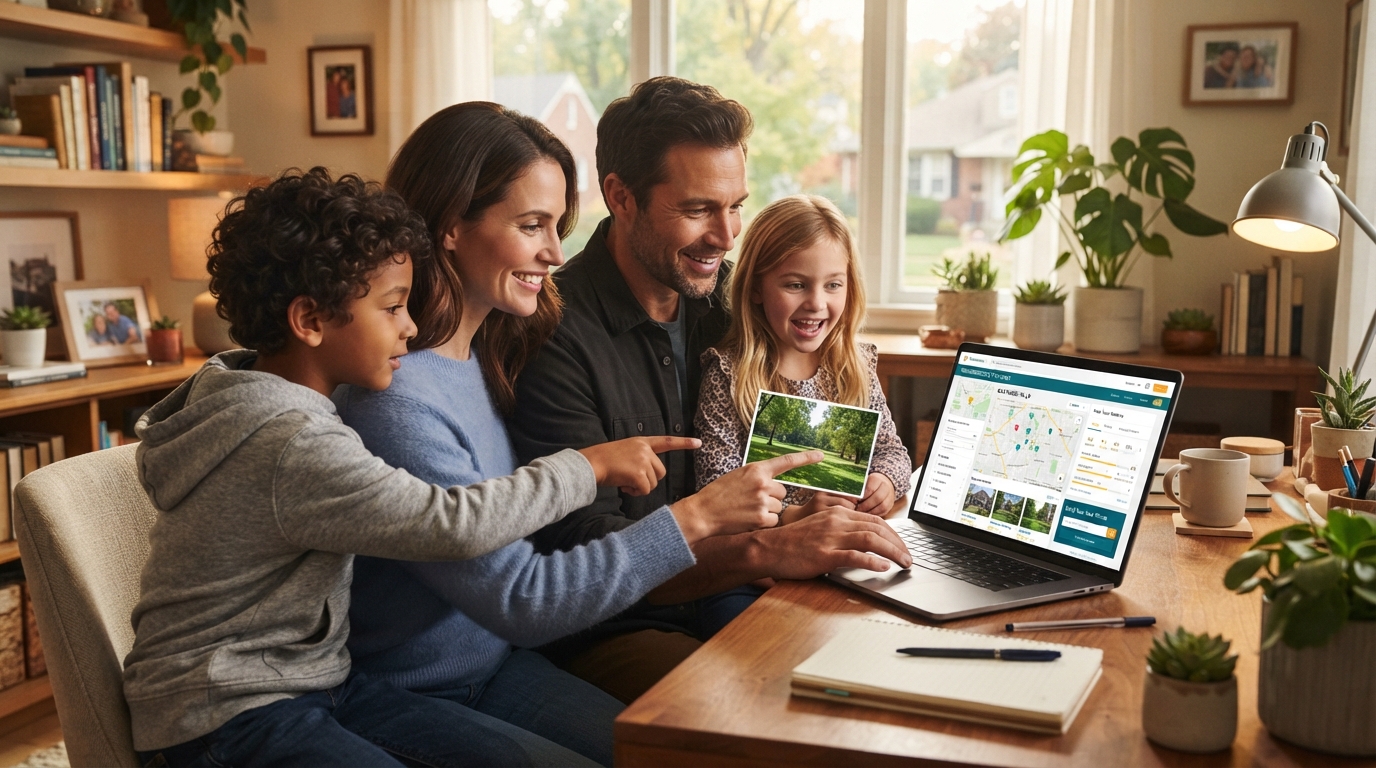 Family exploring neighborhood maps and relocation tools on a laptop together