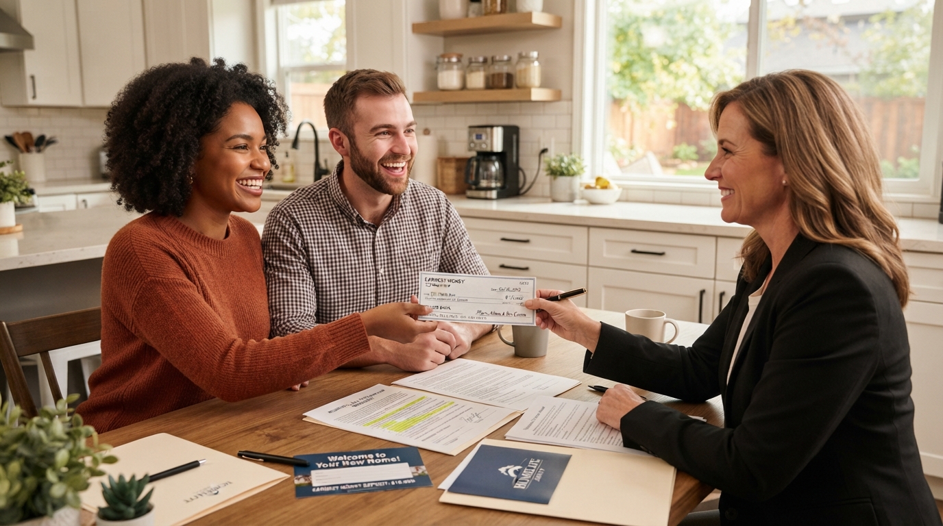 A diverse first-time homebuyer couple handing an earnest money check to their real estate agent at a kitchen table with documents