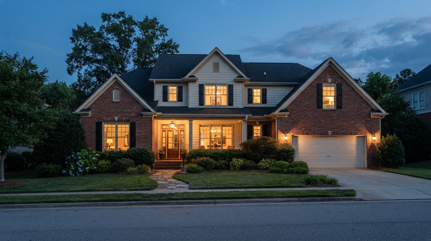 A Charlotte NC suburban home at twilight representing a transition period during divorce