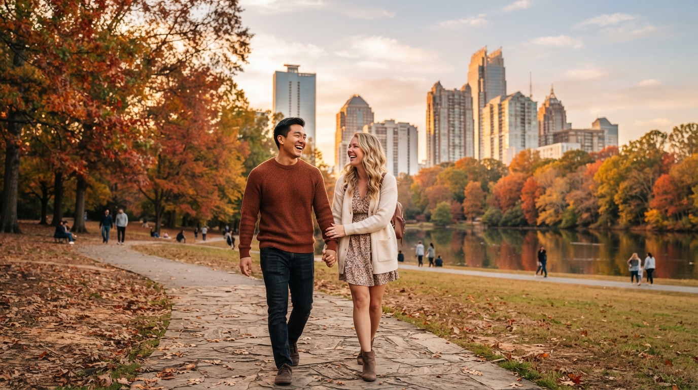A diverse couple — an Asian man and white woman — walking hand-in-hand through Piedmont Park in Midtown Atlanta at golden hour with skyline behind them