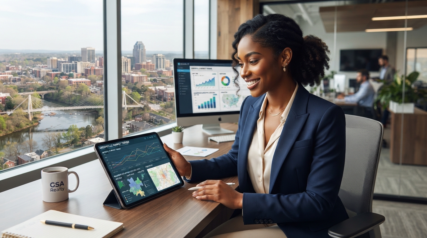 A professional real estate analyst, a Black woman in business attire, reviewing neighborhood price trend charts on a tablet with Greenville South Carolina neighborhoods visible through a window behind her