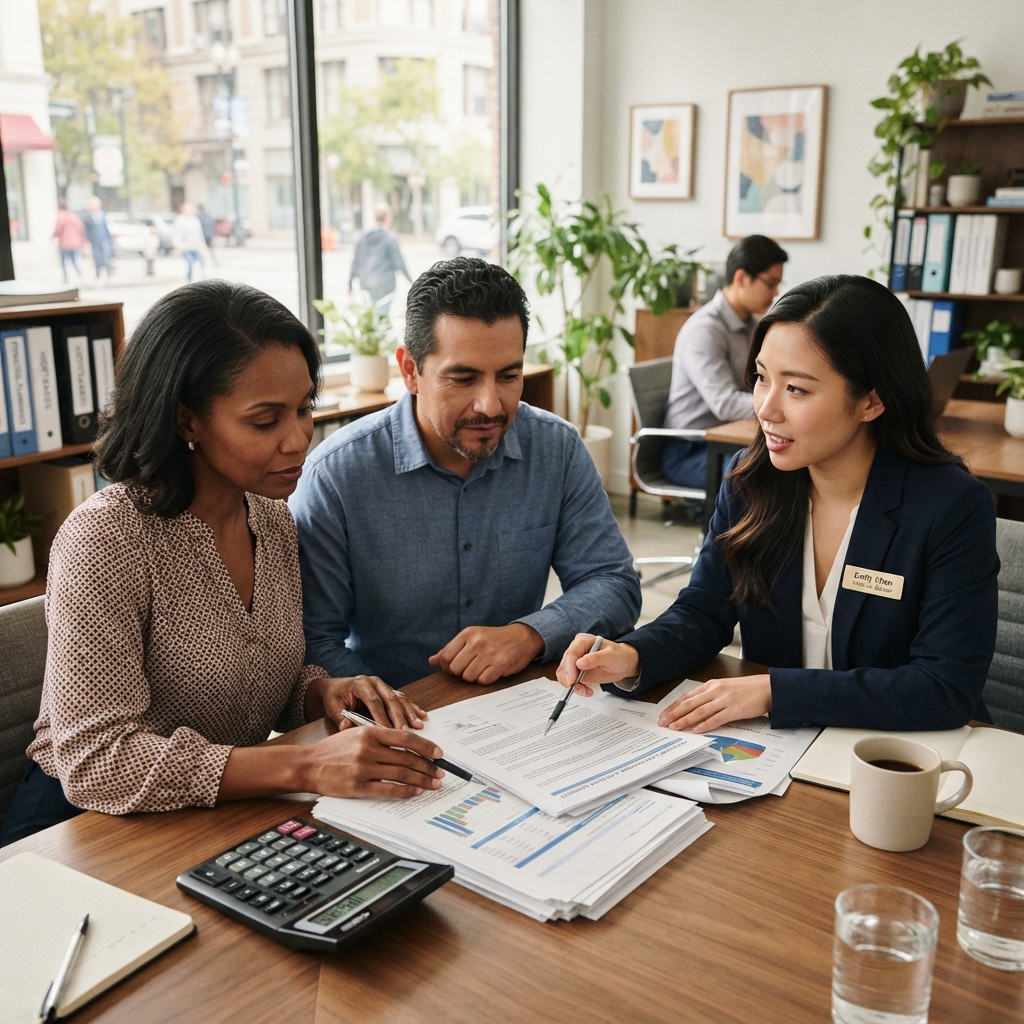A diverse homeowner couple reviewing cash-out refinance documents with a financial advisor