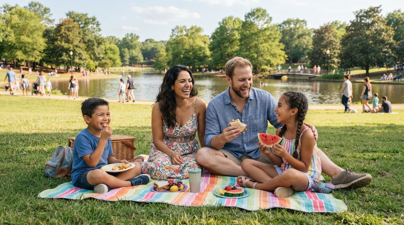 A Hispanic family of four having a picnic at a park in the Charlotte SC suburbs