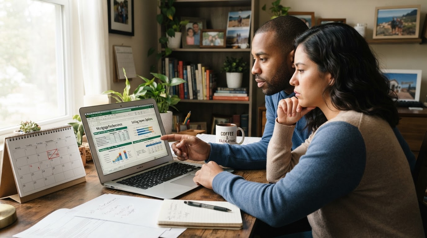 A diverse young couple reviewing financial options on a laptop deciding between forbearance and a short sale