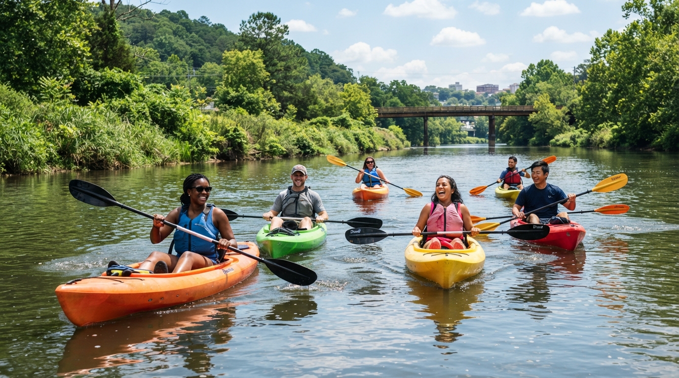 A diverse group of friends kayaking and paddling on the Catawba River near Belmont NC, sunny day with green riverbanks