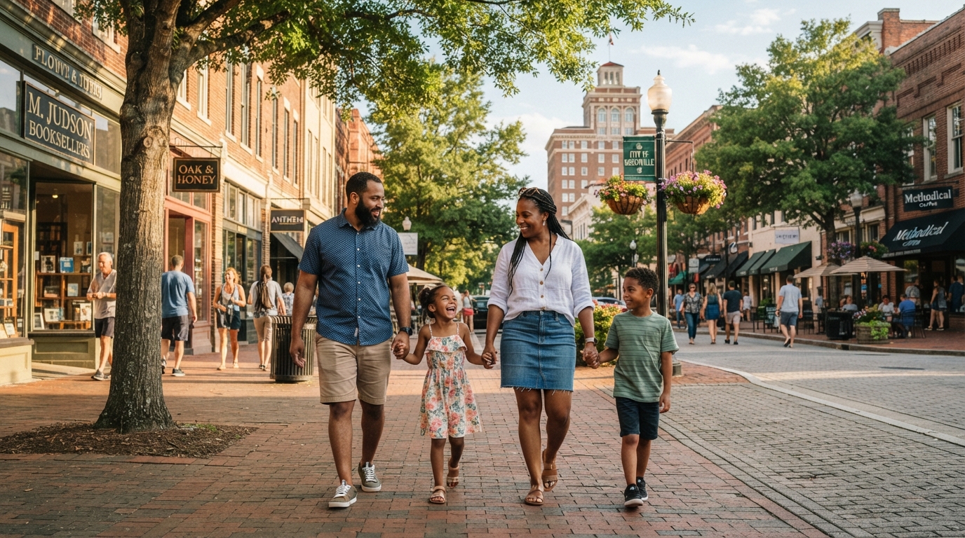 A diverse Black family of four walking down a charming tree-lined street in downtown Greenville SC with historic buildings and shops