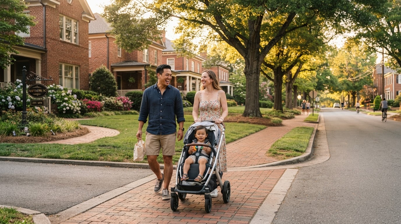 A diverse young family walking through a charming Matthews NC neighborhood with tree-lined streets, golden hour