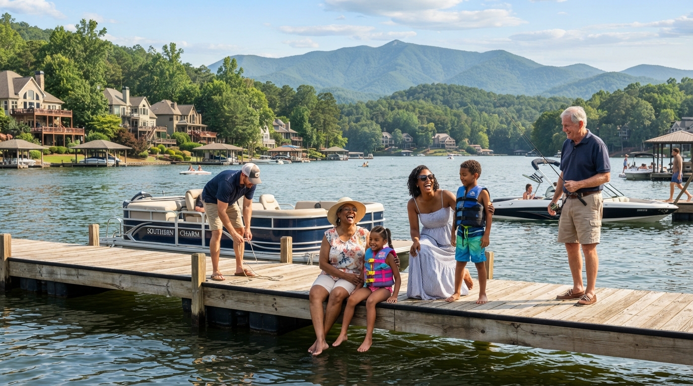 A diverse family enjoying a sunny day at a lake community in the Carolinas, with a dock, boats, waterfront homes, and mountains in the distance