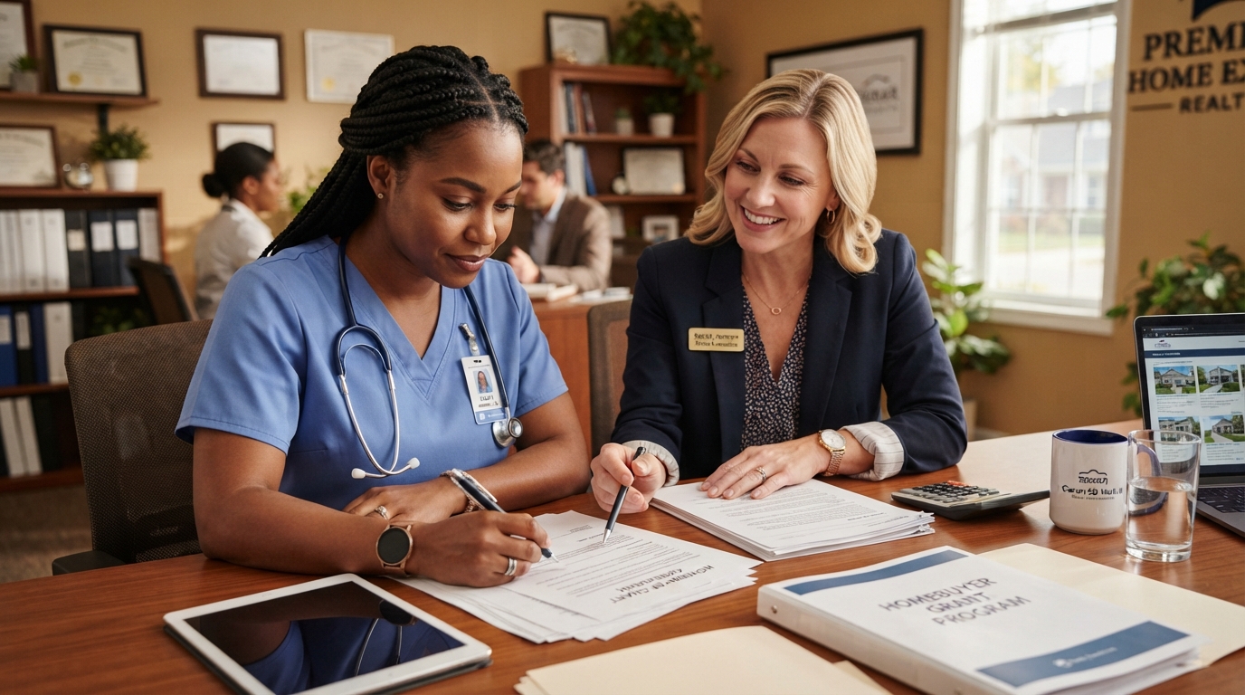A diverse nurse in scrubs sitting with a real estate agent reviewing homebuyer grant documents in a warm office setting