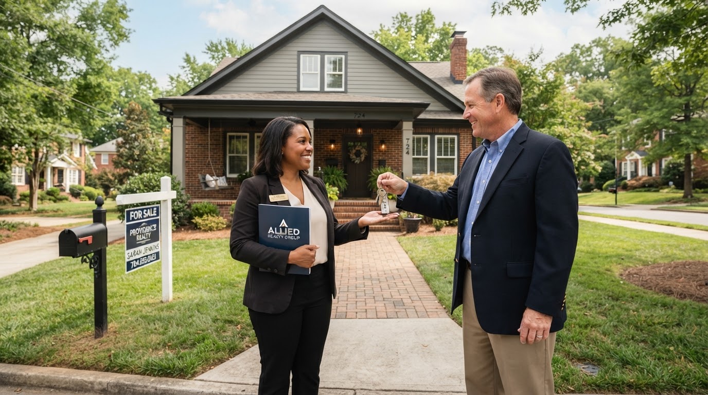 A landlord handing keys to a real estate advisor in front of a tidy Charlotte NC rental property