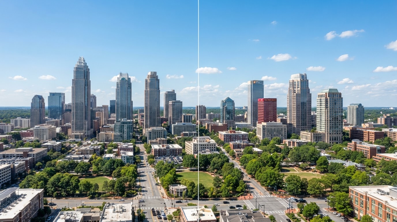 Split comparison of Charlotte NC and Raleigh NC skylines