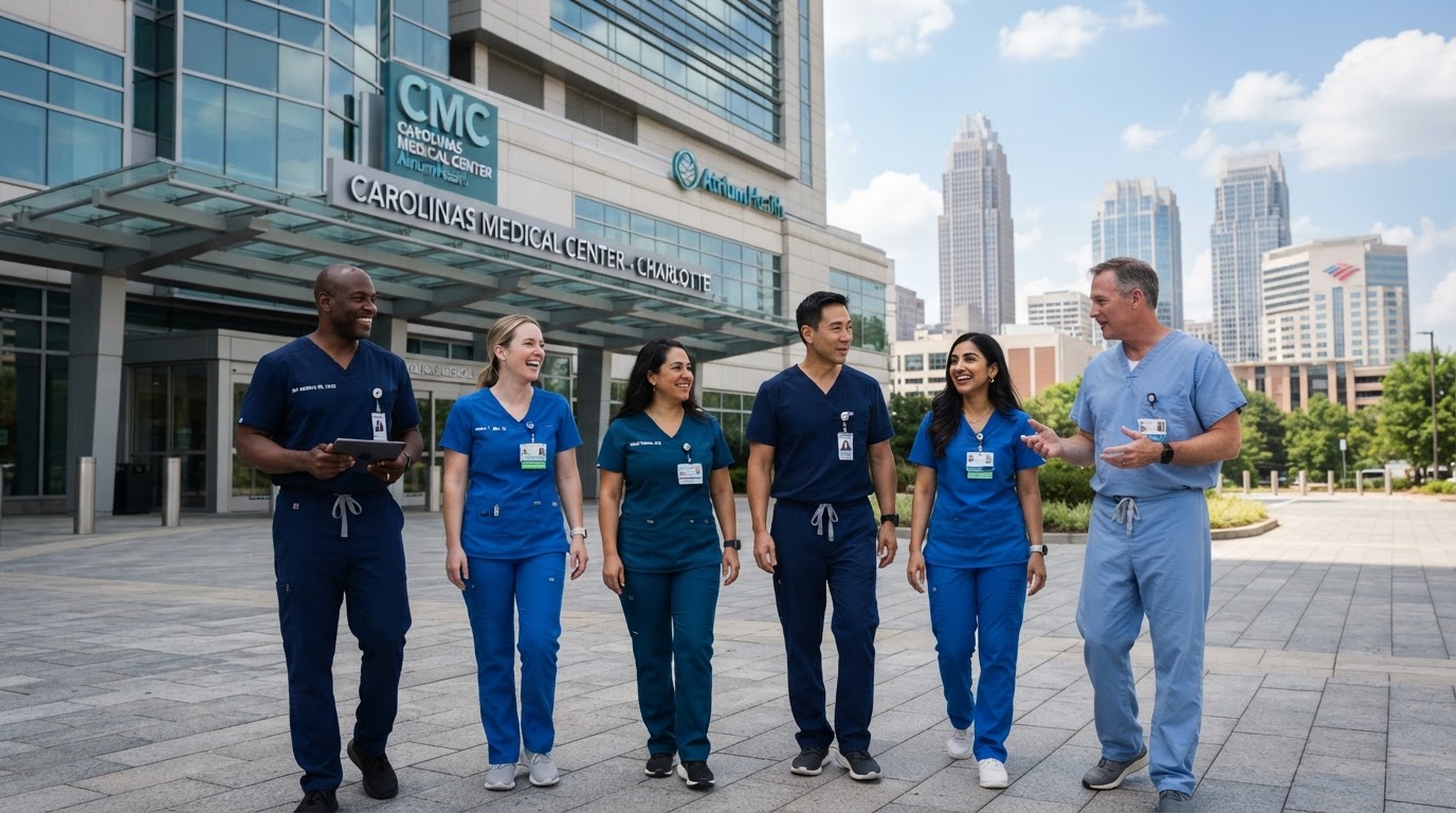 A diverse group of hospital healthcare administrators and nurses in scrubs outside a modern Charlotte hospital on a bright day