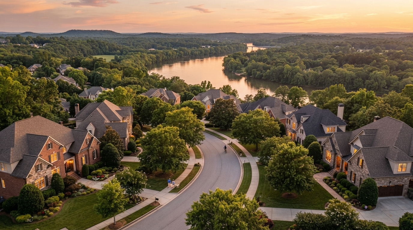 Scenic view of Rock Hill South Carolina neighborhood at golden hour with tree-lined streets and the Catawba River in the background