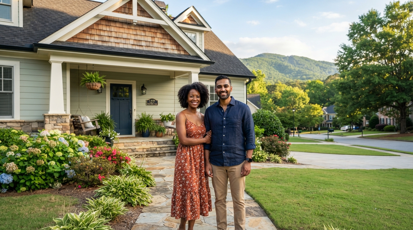A diverse couple in their 30s standing in front of a charming craftsman home in Kennesaw GA with mountains in the background