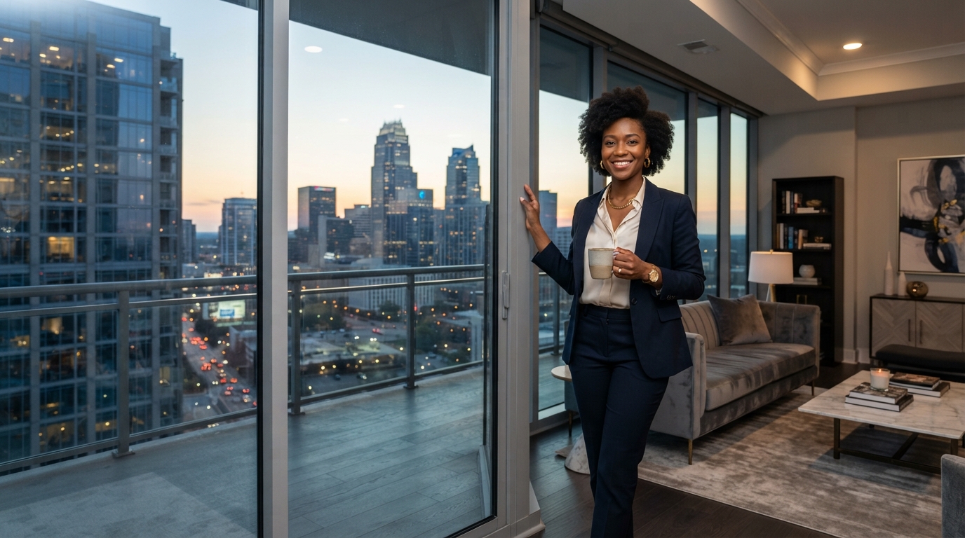 A diverse young professional woman standing in a high-rise condo in Uptown Charlotte with floor-to-ceiling windows and city skyline view