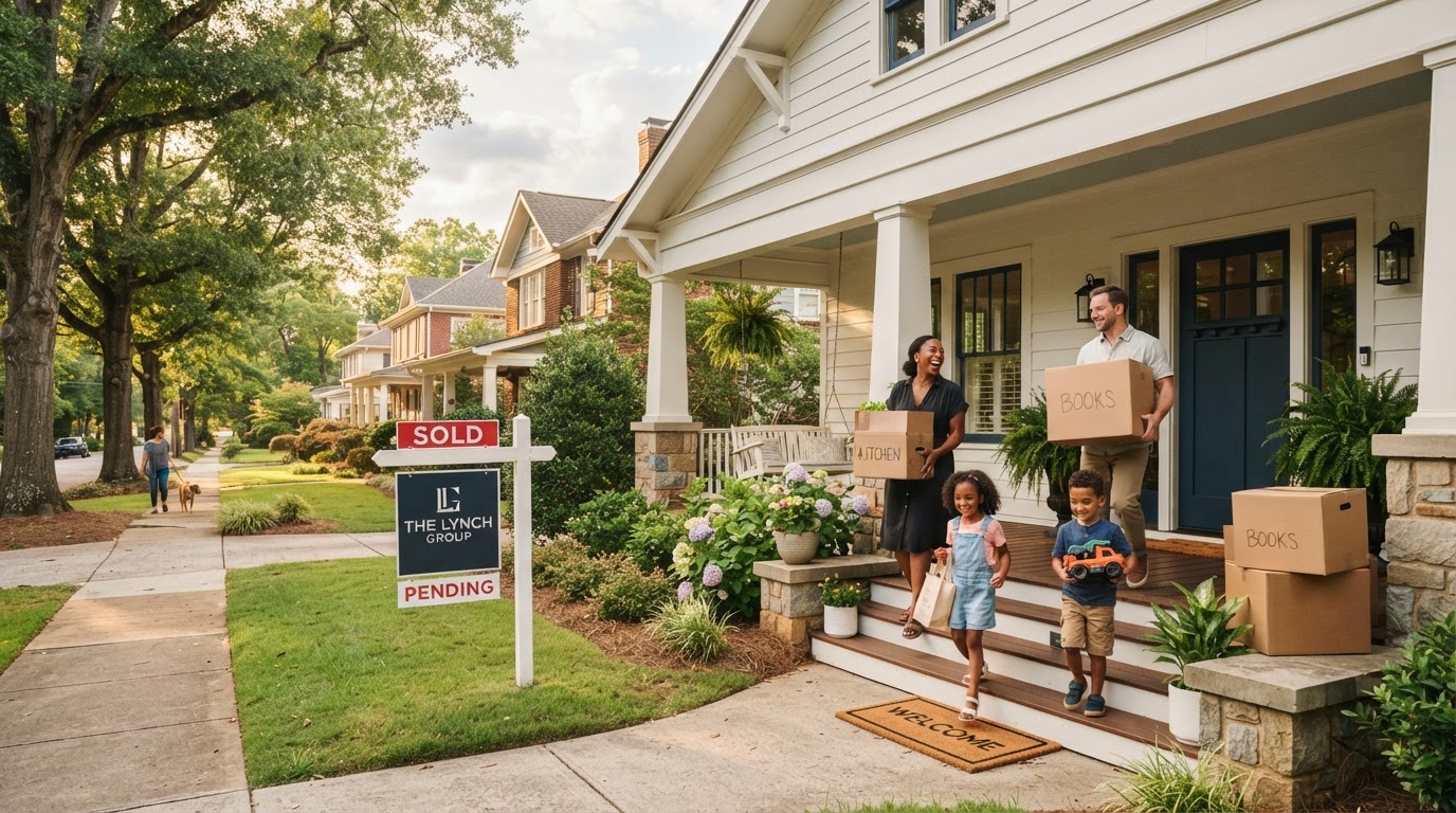 A diverse family moving into their new Greenville SC home with boxes and a sold sign