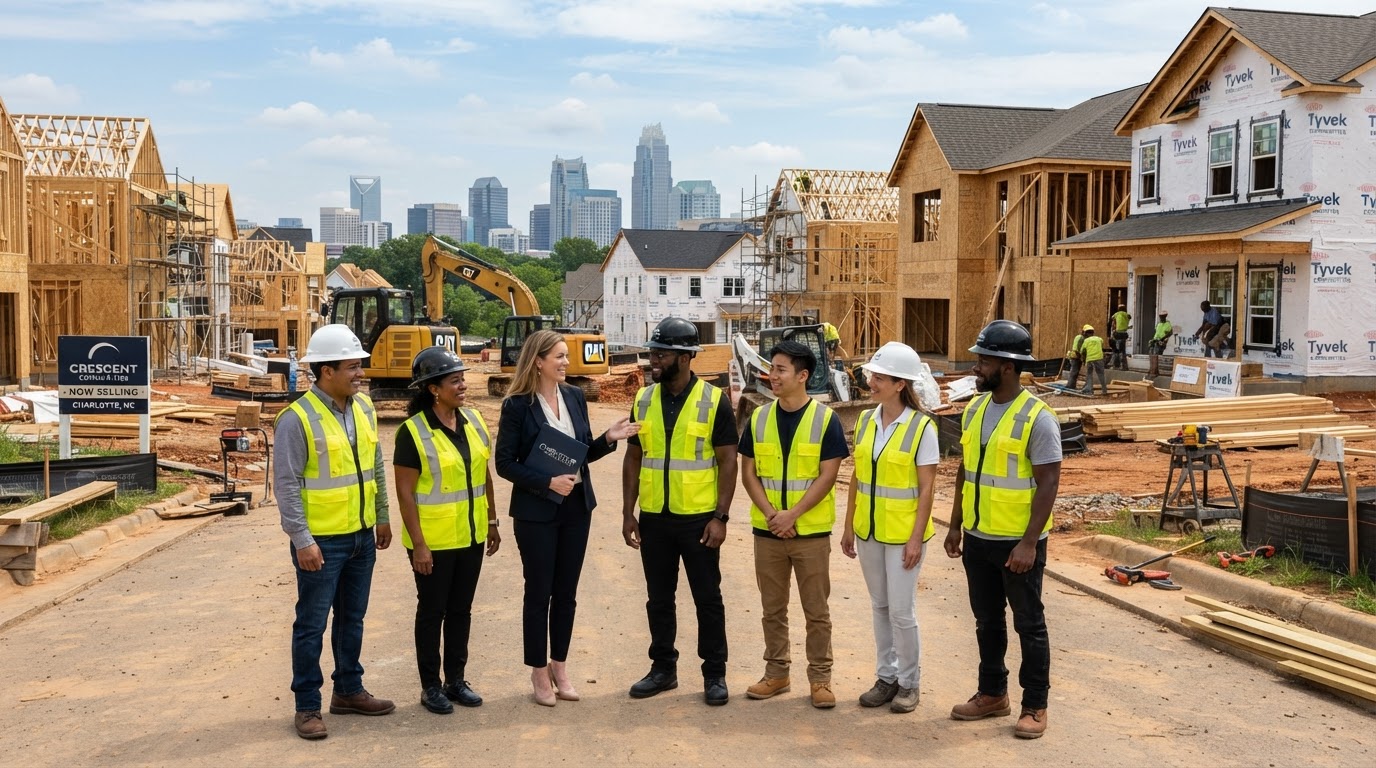 A diverse construction team and a real estate agent standing in front of new construction homes being built in Charlotte NC, with construction equipment and framing visible