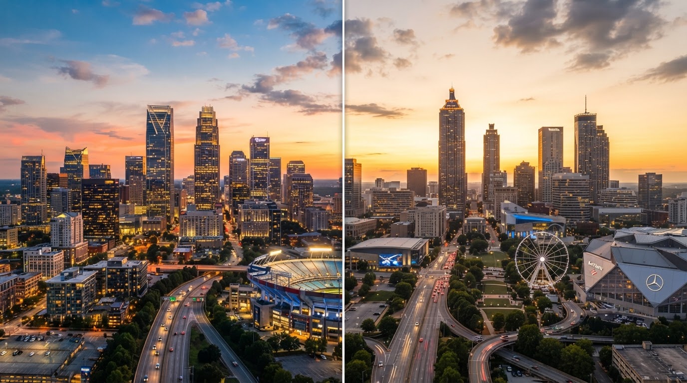 Split image comparing Charlotte NC and Atlanta GA skylines