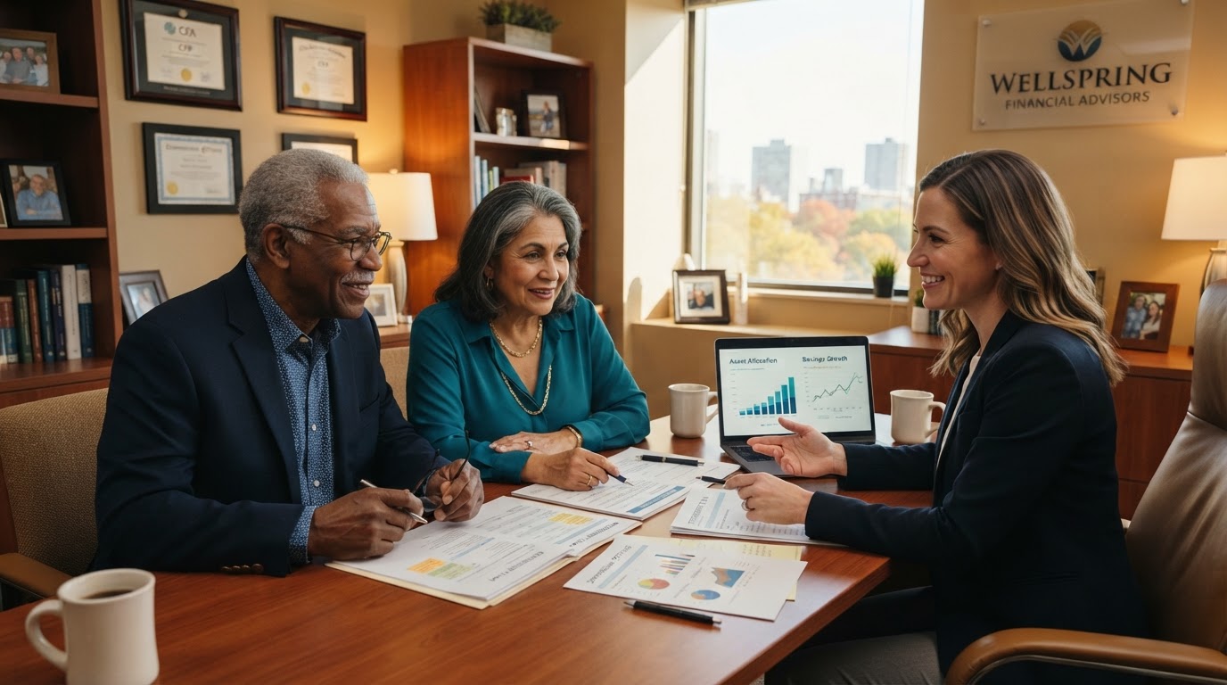 A diverse elderly couple sitting with a financial advisor reviewing retirement and downsizing options with documents and a laptop