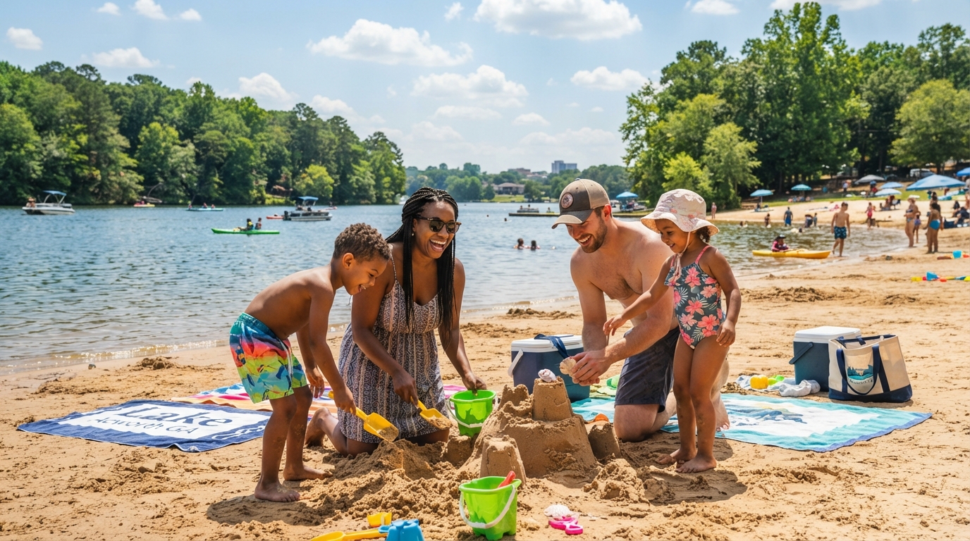 A diverse family with children playing on the sandy beach at Lake Acworth in Acworth GA, sunny summer day with lake and trees