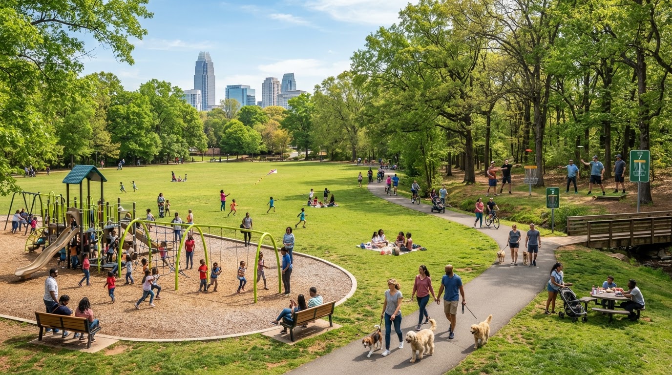A diverse group of families with children playing at a large community park in Charlotte NC on a sunny spring weekend, with playground equipment, open green fields, mature shade trees, and people walking dogs
