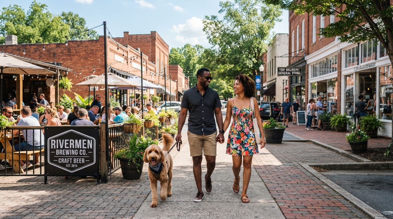 A diverse Black couple with a dog walking through downtown Belmont NC with historic storefronts and a local brewery patio