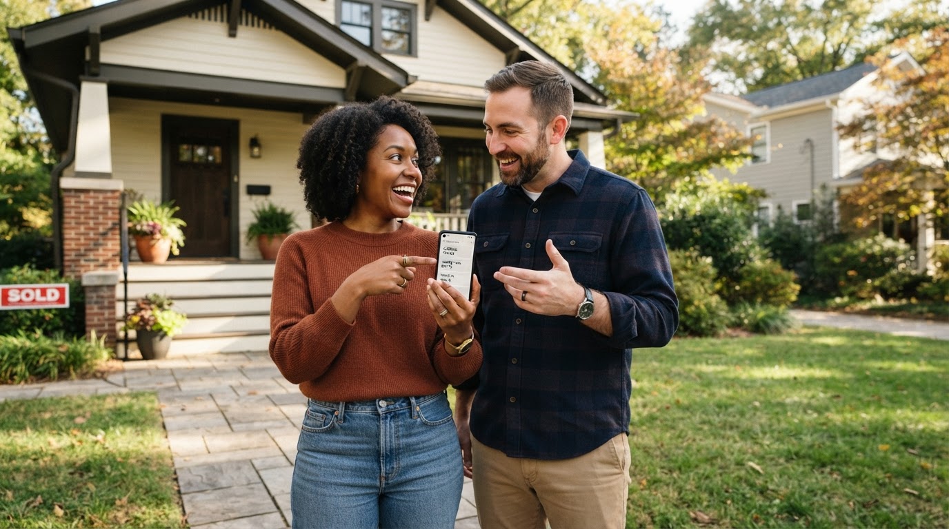 A diverse couple standing in front of a house they are about to buy looking at a timeline calendar on a phone