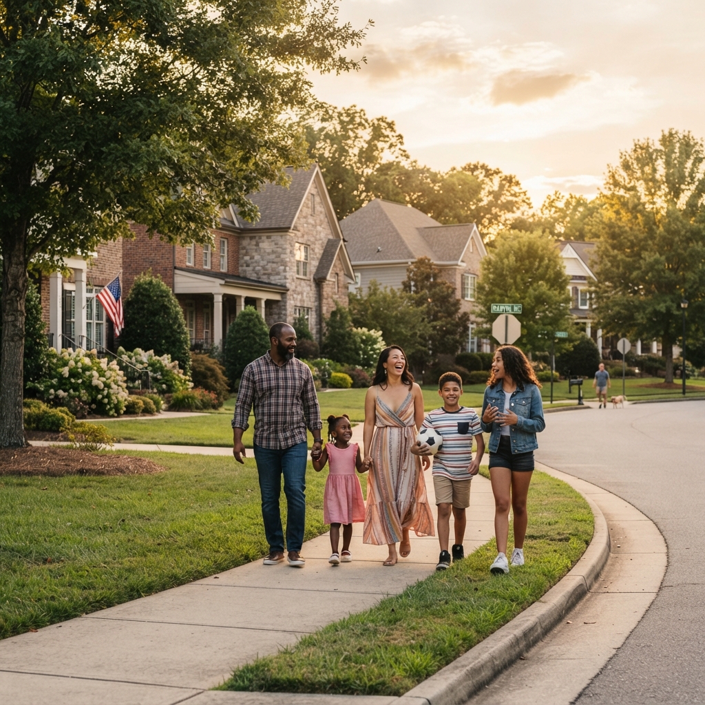 A diverse family with children walking through a charming Union County suburban neighborhood with large homes and trees