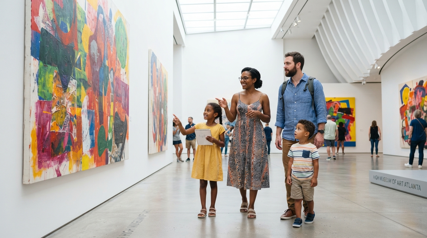 A diverse family with children exploring a modern art museum gallery in Atlanta with large colorful paintings on white walls