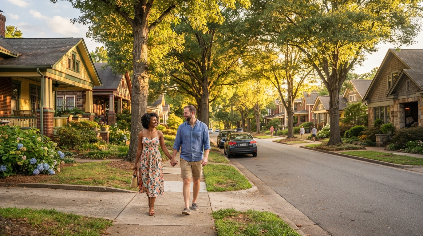 A diverse couple walking together down a tree-lined Dilworth Charlotte street lined with charming historic bungalow homes