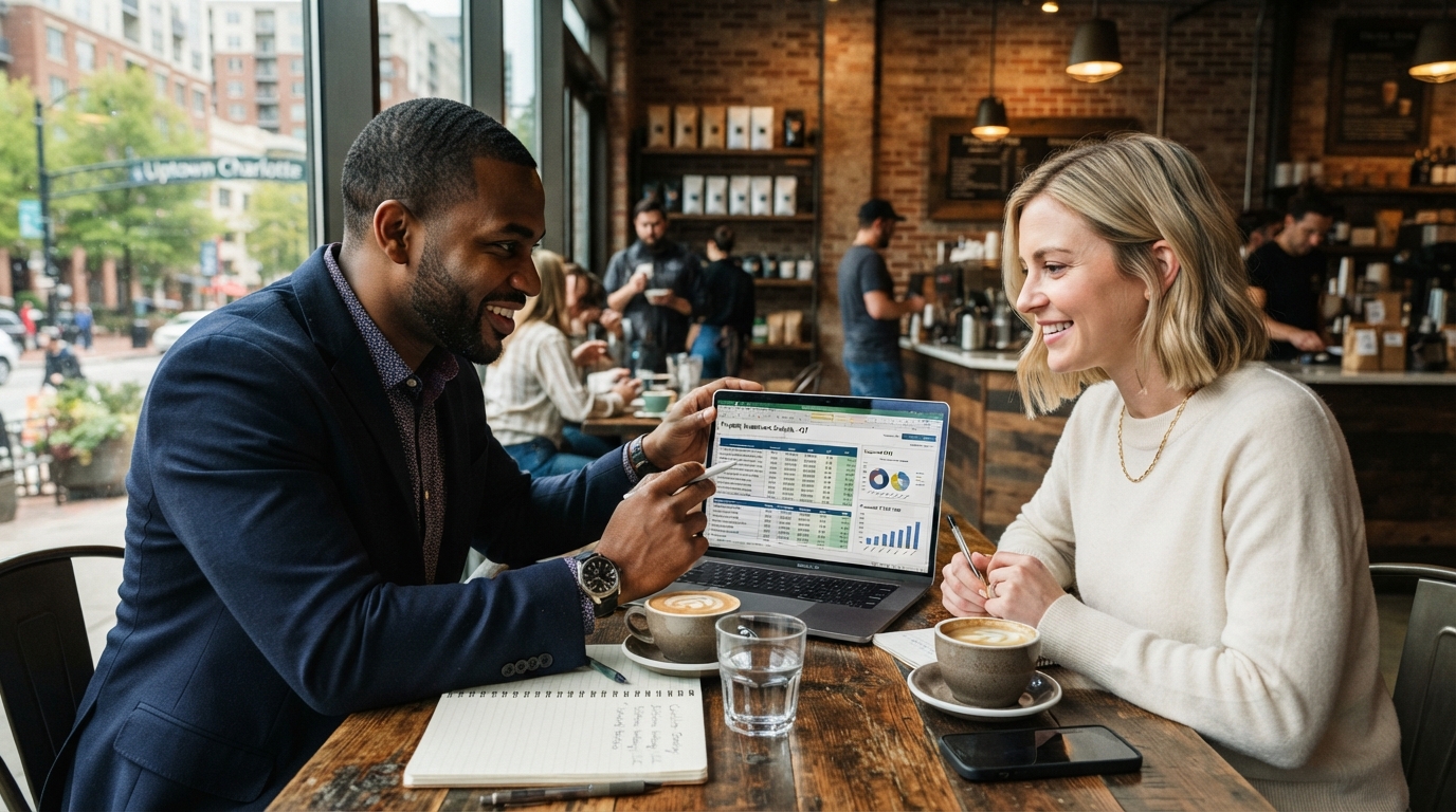 A diverse group of real estate investors reviewing property listings on a laptop at a Charlotte coffee shop